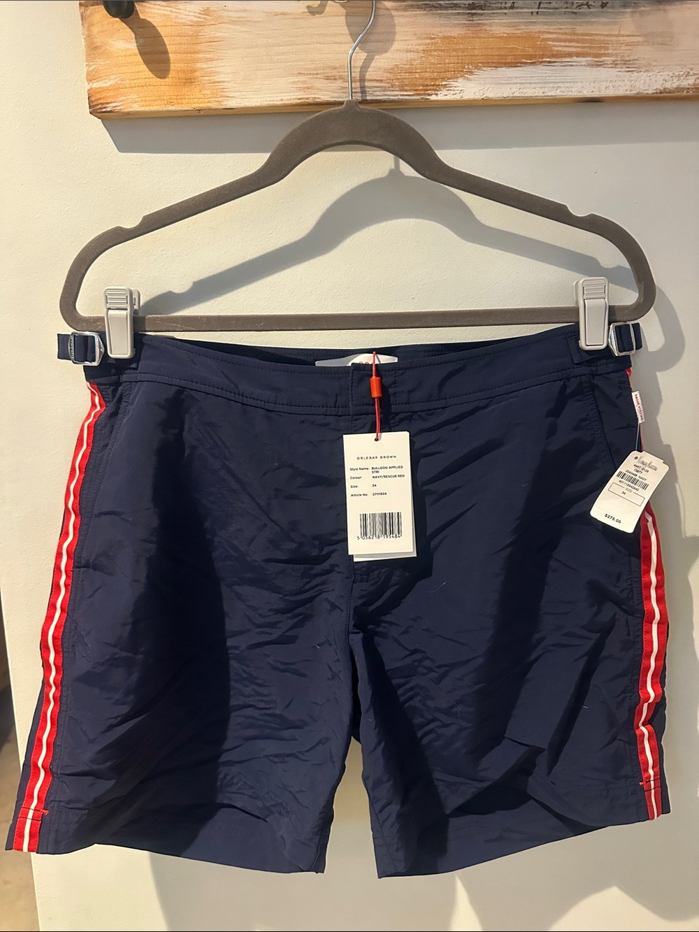 Orlebar Brown Navy Swim Shorts with Red Side Stripes size 34.